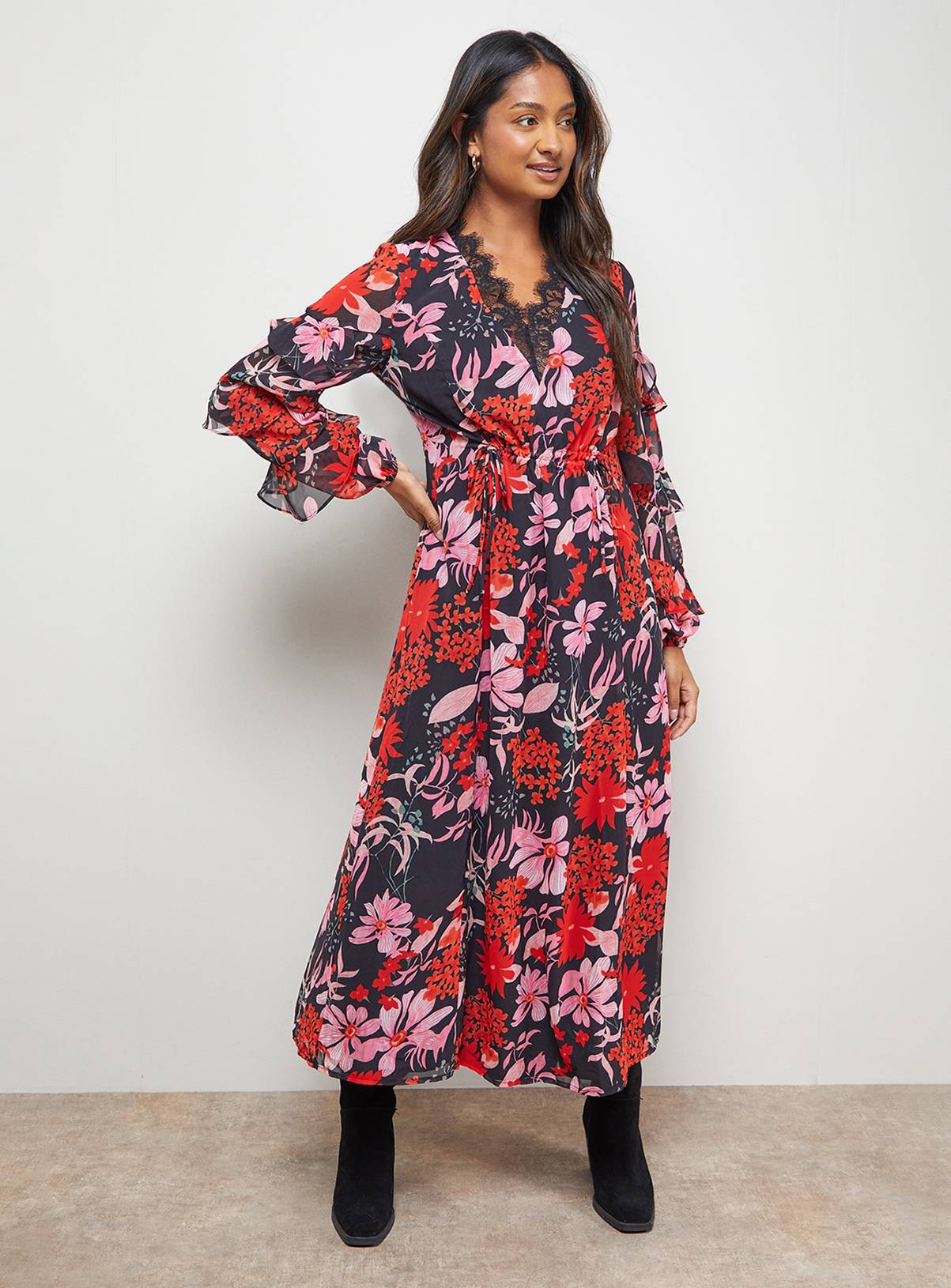 OASIS Printed Lace Detail Frill Sleeve Midi Dress 8 - Image 1